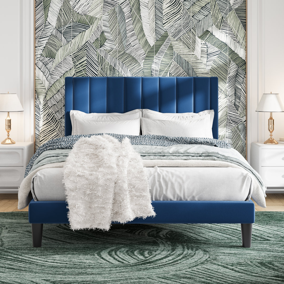 Cleo Modern Velvet Upholstered Platform Bed with Headboard, No Box Spring Needed